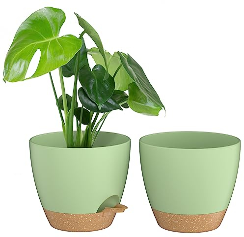 ZMTECH 20 cm Plant Pots with Drainage Holes Saucer Self Watering Planters with Watering Inlet Plastic Flower Pot for Indoor Outdoor Plants (Set of 2, Green)