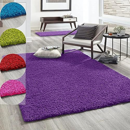 VIMODA Hochflor Teppich Prime Shaggy Langflor Wohnzimmer Schlafzimmer Rund Farbig, Farbe:Lila, Maße:140x200 cm