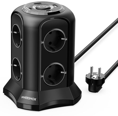 NVEESHOX Regletas Enchufes Vertical 4000W/16A de 8 Tomas y 2 USB C y 2 USB A(USB C1 20W PD3.0 Recarga Rapida),Regleta Torre Enchufe con Cable 2M, Enchufes Protección Sobretension (Negro)