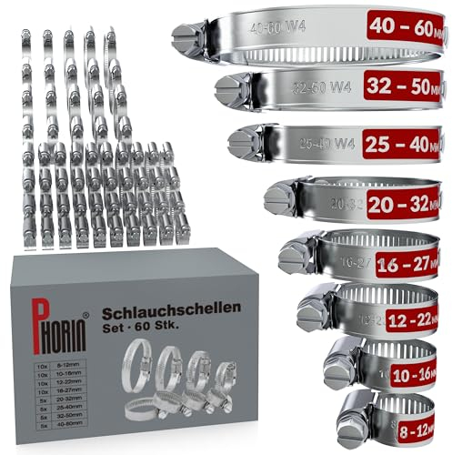 Phorin® 60x Schlauchschellen Set - 8 Größen von 8-60 mm - Extra starke Rohrschellen & Schlauchklemmen W4 V2A aus 304 Edelstahl - Ideal für Auto, Haus, Garten & mehr