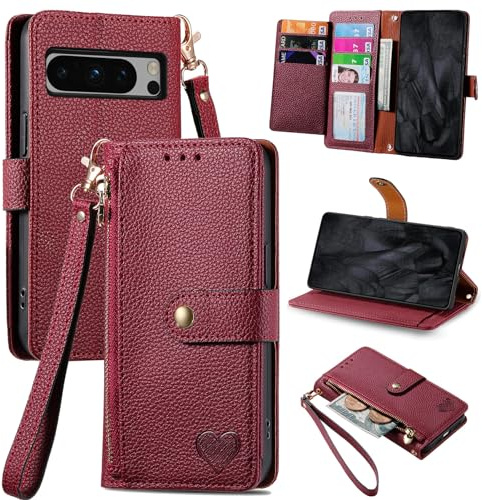 VEEMOS Handyhülle für Google Pixel 8 Pro 5G Hülle Klappbar Klapphülle Schutzhülle mit Kartenfach RFID Reißverschluss Handy Tasche Leder Flip Case Cover Handytasche Frauen - Rot
