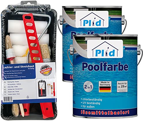 Plid® Premium Poolfarbe Schwimmbeckenfarbe Unterwasserfarbe Schwimmbeckenbeschichtung Schwimmbadfarbe wasserdichte Betonfarbe Poolblau seidenglänzend 5l - Anstreichset