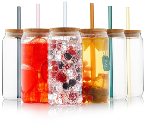 Sänger | Trinkbecher mit Deckel und Strohhalm 12 tlg, Trinkgläser Set 6 tlg und Glas Strohhalme 6 tg, Smoothie Becher aus Glas, Trinkglas mit Deckel und bunten Glas Strohhalmen | 400 ml