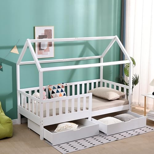 DONEWELL Kids Single Bed Frame - Bed with Underbed Storage Drawers Mattress Size:90x190cm(Mattress Not Included) (White)
