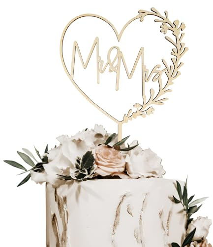 BETESSIN Decoración para Tarta de Boda, Adorno de Novios, Mr Mrs Corazón de Madera para Pastel, Despedida de Soltera y Boda de Oro