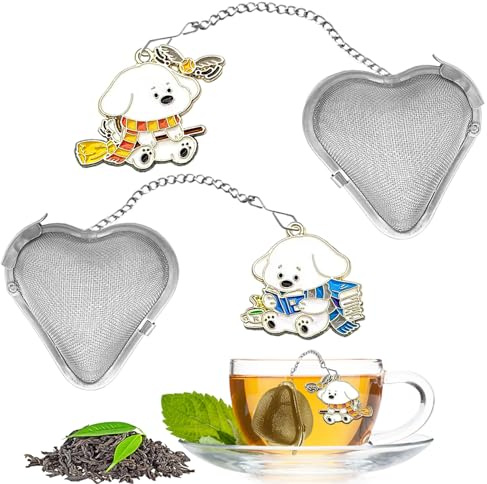 LUHEVIDIA 2PCS infuseur thé, boule a the en acier inoxydable en forme de cœur + pendentif animal mignon, boule a the infuseu rend la dégustation du thé amusante(Chien magique mignon)