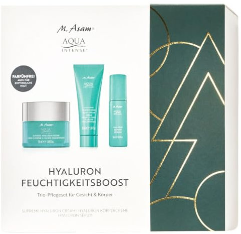 M. Asam AQUA INTENSE Geschenkset mit Hyaluron Serum (50ml), Supreme Hyaluron Cream (50ml) & Hyaluron Körpercreme (50ml), Intensive Feuchtigkeit für Gesicht & Körper, Weihnachtsgeschenkidee