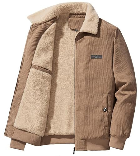 Giacca da uomo foderata in velluto a coste calda giacca autunnale comoda giacca di transizione cargo giacca tinta unita cappotto di lana con colletto in pelliccia di orsacchiotto inverno, cachi, L