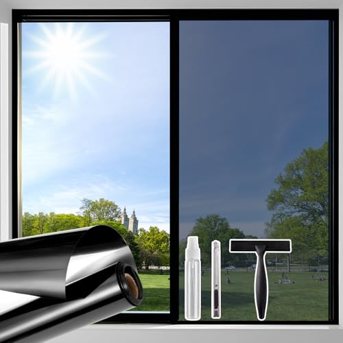 Beautysaid Reflective One Way Window Film Privacy, Black 44.5 x 200cm, | Sun Blocker Window Tint with Tools, Mirror See Out Not In Heat & Glare Control UV Protection, Home Office Living Room Sticker
