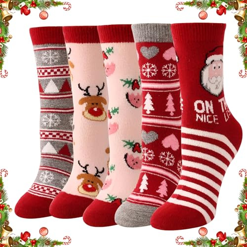 Scinzene 5 Paar Weihnachtssocken Damen, Lustige Kuschelsocken Weihnachten, Weihnachts Socken, Christmas Socks Mit Rentier & Weihnachtsmann Motiv, Nikolaus Geschenke & Weihnachtsgeschenke, Größe 36–42