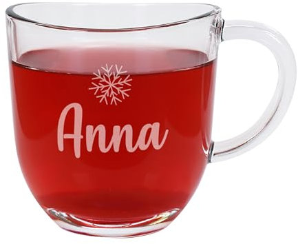 Herz & Heim® Glastasse mit Gravur des Wunschnamen für Glühwein oder Tee (Schneeflocke)