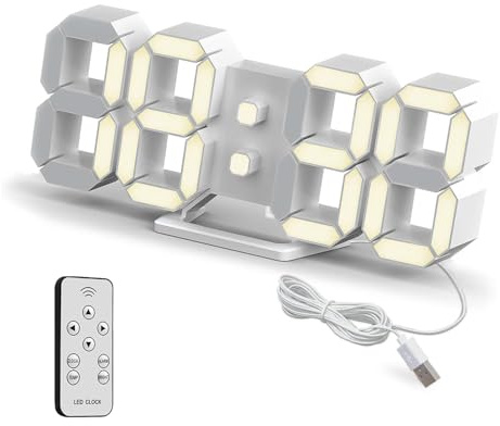 Horloge murale numérique LED 3D à intensité variable Fonction snooze Affichage 12/24 h Date et température Affichage en boucle Télécommande Veilleuse