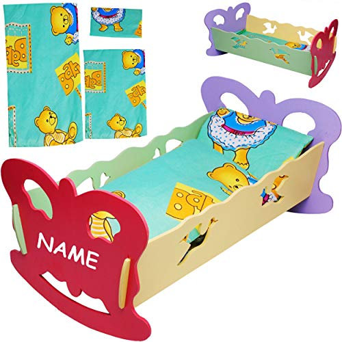 alles-meine.de GmbH Set: große - Puppenwiege aus Holz - inkl. Name - mit Bettzeug - 49 cm lang - Wiegenset - Holzwiege aus Buntem Naturholz - Schmetterling Mädchen & Jungen - Bet..