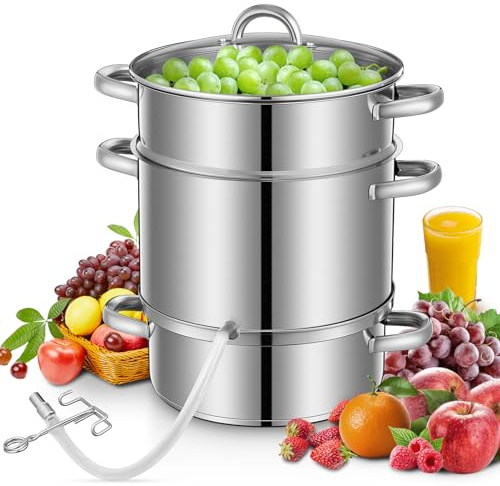 FOHERE 8.5Qt Steam Juice Extractor, Stainless Steel Steam Juicer for Canning Fruit & Vegetables with Glass Lid, Hose, Clamp, Loop Handles, Ideal for Making Fresh Juice, Jelly, and Sauces