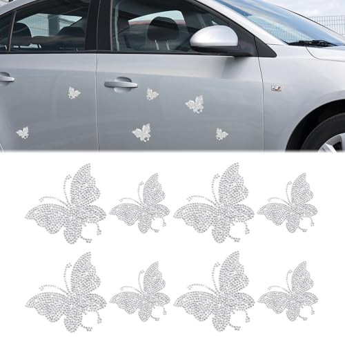 Yuqilin 8 Stücke Glitzer Schmetterling Sticker, Strasssteine Selbstklebend Aufkleber, Bling Strass Schmetterling Abziehbilder Kleber, Schöne Aufkleber für Autos Tassen Computer (Silber)