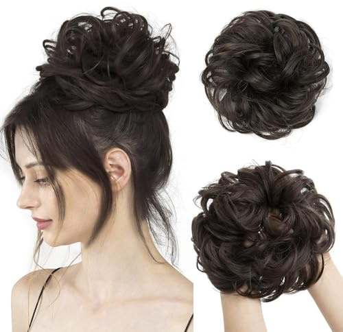 TTPSRY Haarteil mit Gummiband Groß Dutt Haarteil Haargummi mit Haaren Gelockt Haardutt Echthaar Haarverlängerung Pferdeschwanz Messy Bun Haarteile für Damen Mädchen Pferdeschwanz（Bräunlich-schwarz）