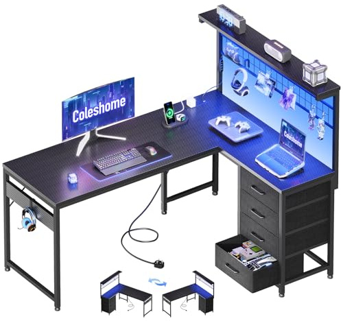 Coleshome L Shaped Gaming Desk with Drawers & Shelf, 130 × 100 cm