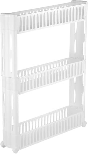 AKITAInk Carrello Salvaspazio, Carrello portaoggetti, Ripiani mobili in plastica, salvaspazio, Organizzazione Perfetta per Cucina, Bagno, e Ufficio BIANCO, 3 RIPIANI 53,5 x 12 x 73 cm