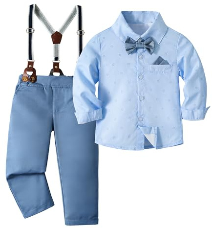Volunboy Elegant barnset, pojkskjorta rosett och hängslen byxor 4 delar bröllopsceremoni kläder, Marintryck, 4-5 anni