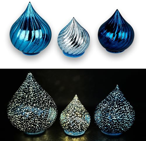 3er Set Glastropfen mit LED-Lichterkette, Funkeleffekt, 6-Stunden Timer und PUNKTEN - Stimmungslicht (Blau)