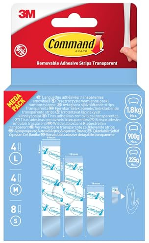 Command Clear Transparent Removable Adhesive Strips, Pack of 8 Small, 4 Medium, 4 Large, Wall Adhesive Strips for Decorations and Fairy Lights – Damage-Free Hanging, No Tools Required