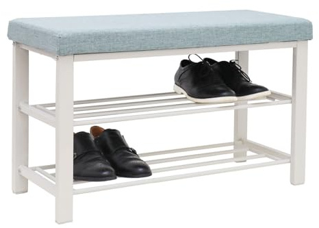 DuneDesign Schuhbank mit Sitzfläche - 81x32x50 Schuhregal Metall - Schuhschrank mit Sitzbank - Schuhkommode Flur Bank mit Stauraum - Schuhsitzbank mit Polster - Kleine Polsterbank für Garderobe Weiß