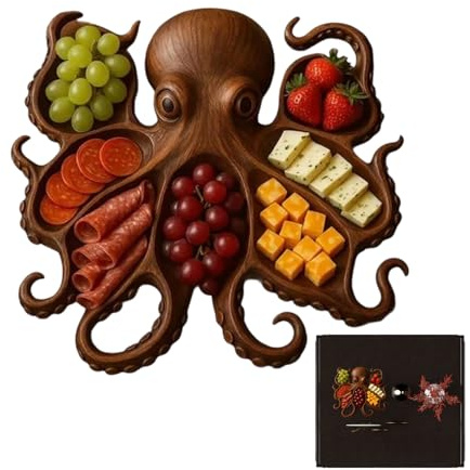 Assiette en bois - Assiettes pour dîner en bois naturel | Planche à charcuterie en forme de pieuvre pour amateurs de fruits de mer, pique-niques, fromages et viandes, utilisation en extérieur et