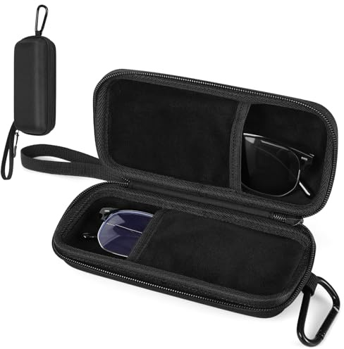 Tawd Double Glasses Case, 2 in 1 Dual Glasses Case Hard Shell Eyeglasses Case,Portable Travel Sunglasses Case Organizer with Hook (Black)