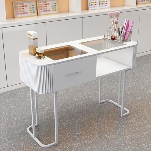 Professioneller Manikürtisch Glas-Tischplatte Nail Technician Workstation Art Desk mit Schublade und Offenen Regalen, Moderne Nagelablage Beauty Station(Style 1,100)