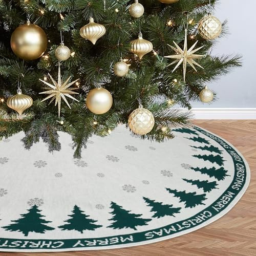 DEMIUKO Weihnachtsbaum Decke Weiß 90cm Gestrickter Christbaumdecke Groß mit Grün Schneeflocken Christbaum Rock Rund Weihnachtsbaumdecke Tannenbaumdecke für Christbaumständer Zuhause Weihnachtsdeko
