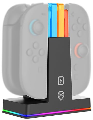 Plyisty Estación de Carga del Controlador para el Interruptor 2 2025, 4 en 1 Muelle del Cargador Magnético con Luces de 9 RGB y Cable de Carga, para Controladores de Mantenimiento de