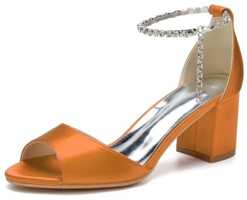 GHSIRUEU Scarpe di Sandalo Donna con Tacco a Blocco Sandalo Estive con Catene di Cristallo Sandals Scarpe da Sposa,Arancia,36 EU