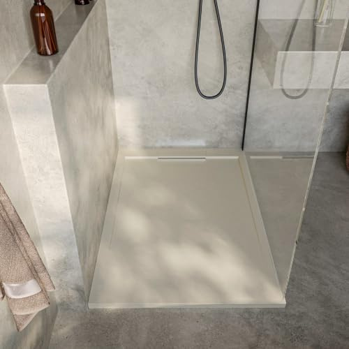 SoulHome Receveur de douche Résine 120x90 Crème Intense Grille Intégré | Antidérapant C3, extra-plat, résine et charge minérale, texture pierre lisse, antibactérien, gel-coat, + bonde d'évacuation