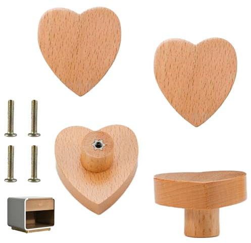 4 Stück Schrankgriffe Holz,Schrankknöpfe Kinder Herz aus Holz,Knöpfe für Kommode,Herzförmige Knauf für Schranke,Holzgriffe für Schränke,Schrank Knöpfe,Schubladengriffe,Holzknöpfe Schrank mit Schrauben