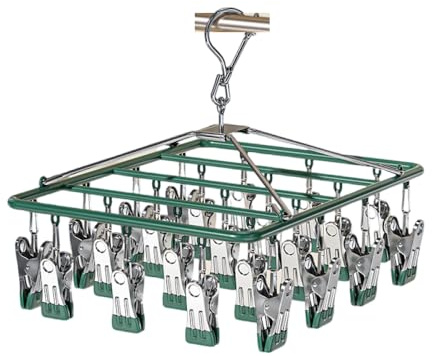 YHESUBZ Edelstahl Trocknen Rack,Wäscheständer aus Metall mit 23 Clips,winddichter Haken, Wäschetropfbügel, Wäscheklammern für Socken, Schals, Handschuhe (Grün)