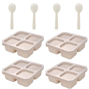 4 Pezzi Contenitori Riutilizzabili per Snack in Plastica,Contenitore per Frutta con Divisori,Scatole Bento con Coperchio,Portapranzo da asporto to go,Lunch Box,Adatto al Microonde (Beige)