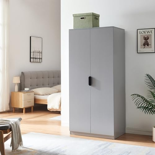 [en.casa] Eiselfing Bedroom Wardrobe Wardrobe Wardrobe with 2 Doors 1 Coat Rack 1 Bottom Compartment for Bedroom Dressing Room MDF 176 x 80 x 52 cm - Grey