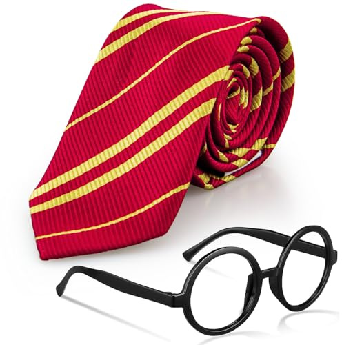 2stk Wizard Kostüm Brille Krawatte,Magische Kostüm Accessoires Kinder Erwachsene,Wizard Cosplay Rot und Gelb Gestreiftes Krawatte Und Runder Brillen,für Karneval, Fasching, Mottoparty & Cosplay