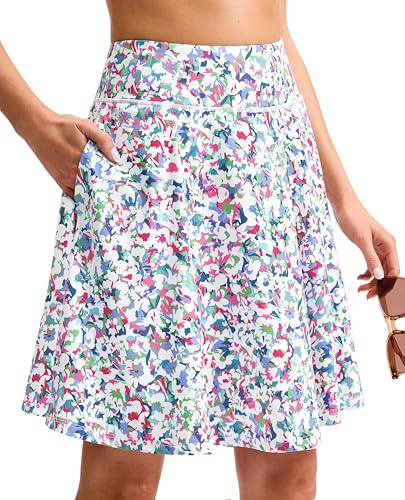 Viodia 20'' Knee Length Skorts for Woman with Pockets Tennis Golf Athletic Skort High Waisted Long Skirts with Shorts Abstract Floral L