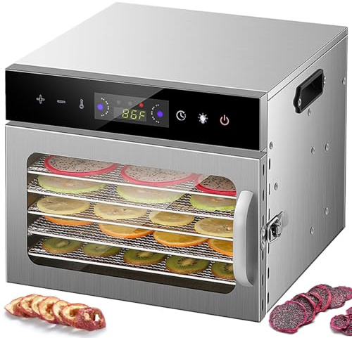 Food Dehydrator Machine - Stainless Steel, 6-Tier, Adjustable Temperature 30-90°C, Digital Timer for Drying Fruits, Meat, Vegetables & Pet Food at Home