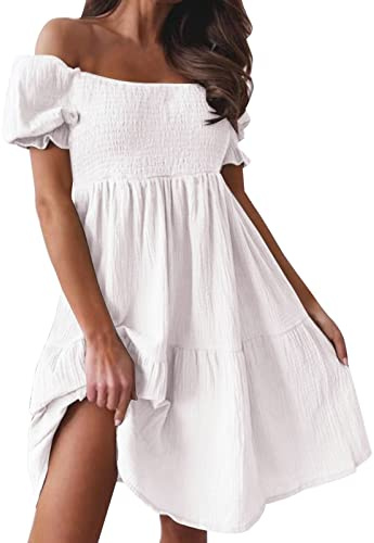 Vestido Blanco Pirata Mujer, Disfraz De Pirata Medieval, Vestido Bohemio De Verano para Mujer, con Hombros Descubiertos, Mangas Abullonadas, Volantes, Fluido, Vestido Playero Midi.