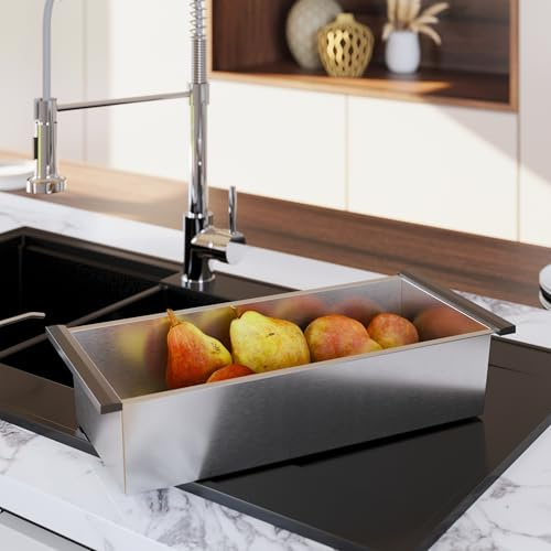 Sieb für Spülbecken für Obst und Gemüse – Abtropfschale aus Edelstahl 42,5x20x6 cm – Rostfreier Siebkorb für Spüle – Hochwertiges Nudelsieb & Geschirrabtropfkorb – Silber – SINK Quality