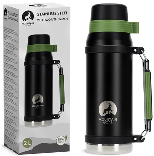 MOUNTAIN GOAT XXL Thermoskanne 2 Liter aus Edelstahl, Große Isolierflasche mit Griff, Hält 24h Heiß & 48h Kalt, Auslaufsichere Vakuumflasche für Outdoor, Wandern & Baustelle, Schwarz-Grün