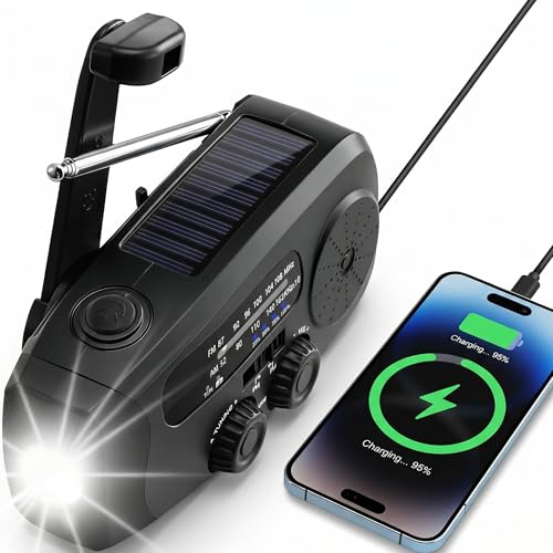 Notfallradio, Kurbelradio mit Solar & 2000mAh Power Bank, AM/FM Radio mit SOS-Alarm Leselicht, Tragbares Survival Radio für Camping & Auto
