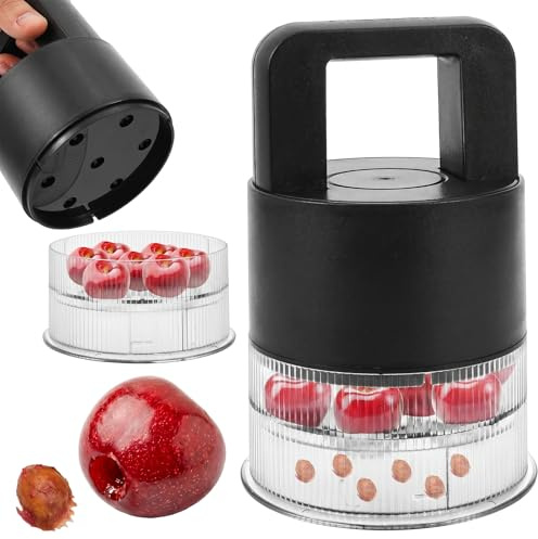Cherry Stoner Remover, Push Type 7-Hole Pitter Tool with Collection Container, Multi Cherries Pip Remover, Portable Fruits Corer with Ergonomic Grip for Olives, Dates & Small Berry