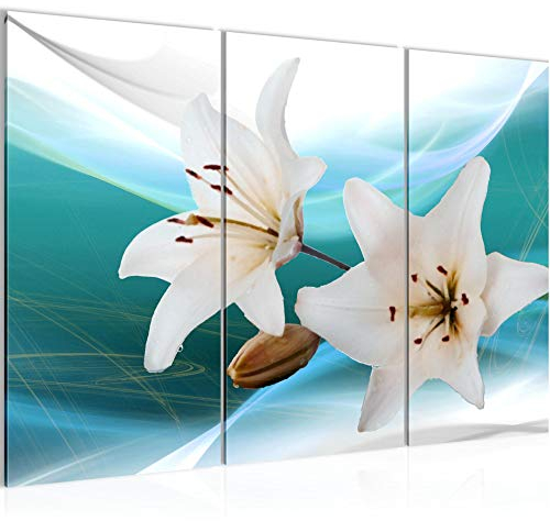 Runa Art Wandbilder Blumen Lilien Bild XXL Wohnzimmer Schlafzimmer Türkis Blau Abstrakt 120 x 80 cm 3 Teilig 202131b