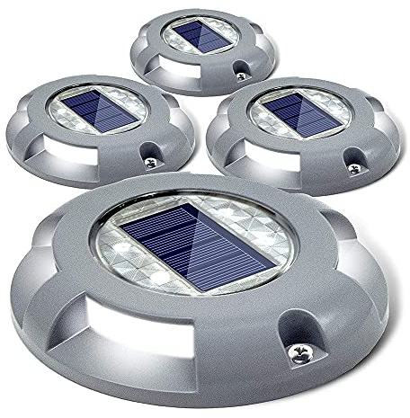 SIEDiNLAR Solar Deck Lights Driveway Dock LED Light Solar Powered Outdoor Waterproof Road Markers for Step Sidewalk Stair Garden Ground Pathway Yard 4 Pack (White)