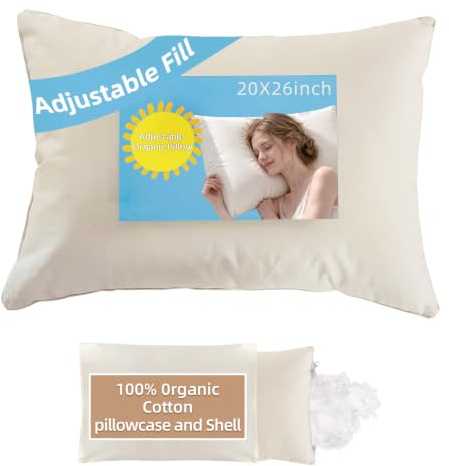 20x26 Organic Pillow with 100% Organic Cotton Pillowcase and Shell - Soft Non Toxic and Breathable Pearl Filling, CPSC Certified and Oeko-TEX, Adjustable Loft Organic Pillow, Machine Washable