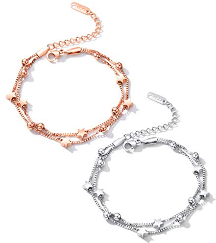 Cupimatch Damen Sternen Kugel Armkette Silber Rosegold Armreif, Doppelt Kette Armband für Frauen Mädchen
