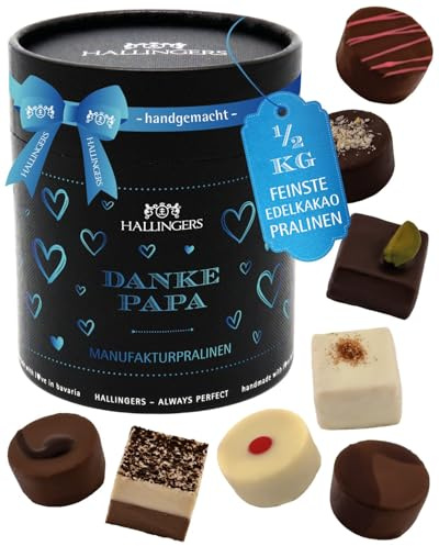 Hallingers Genuss Manufaktur Pralinen Vatertagsgeschenk - ohne Alkohol, handmade aus Confiserie-Edelkakao in wertiger XXL-Geschenkdose Danke Papa, Geschenkidee für Papa Opa